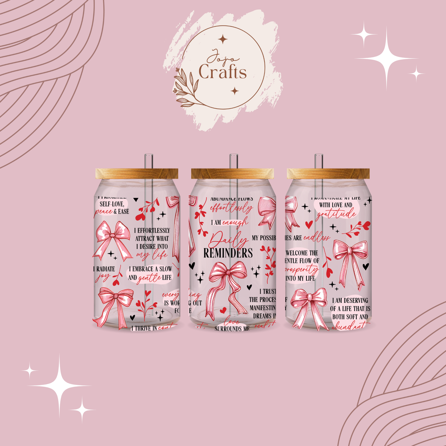 Pink Bow Daily Reminders 16oz Glass Can