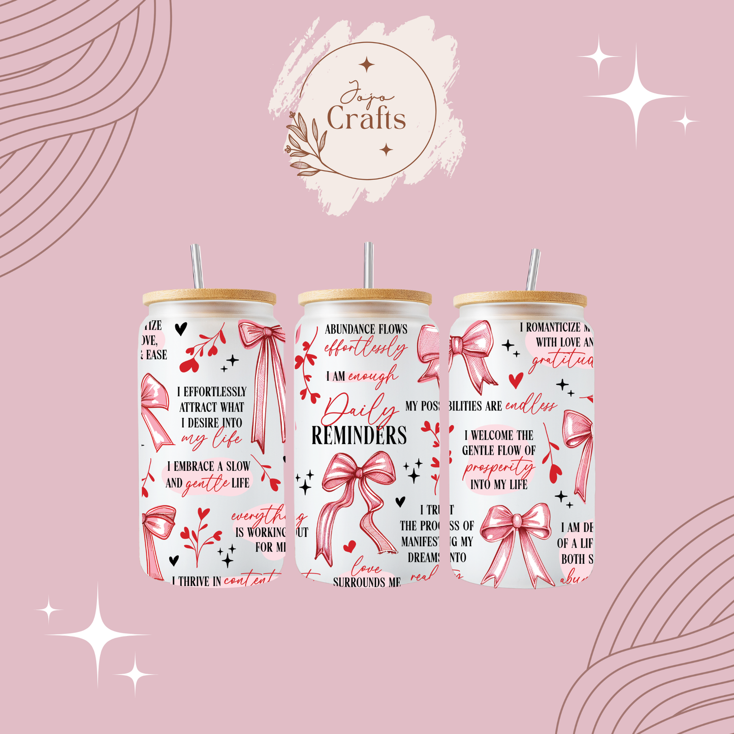Pink Bow Daily Reminders 16oz Glass Can
