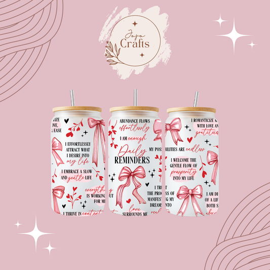 Pink Bow Daily Reminders 16oz Glass Can
